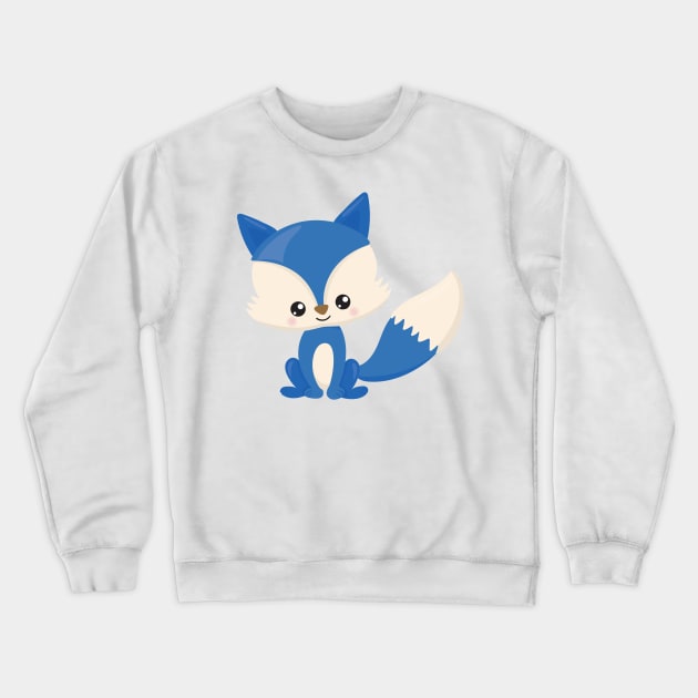 Cute Fox, Little Fox, Blue Fox, Kawaii Fox, Animal Crewneck Sweatshirt by Jelena Dunčević